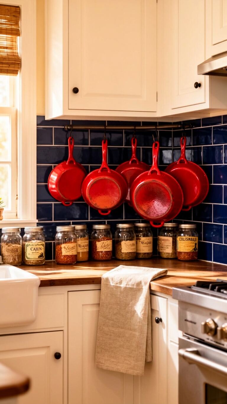 A southern kitchen with spice jars and cast iron